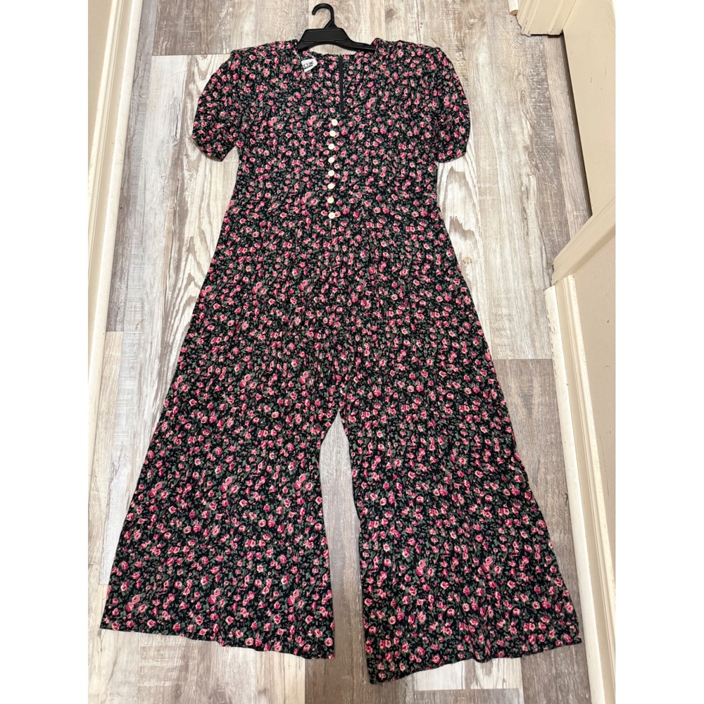 Froxx Ellen Elkin Vintage Floral Wide Leg Jumpsuit XXL Black Pink VNeck Tie Back